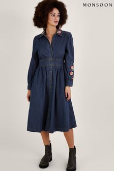 Синее джинсовое платье-рубашка миди с вышивкой Monsoon (176881) | €52