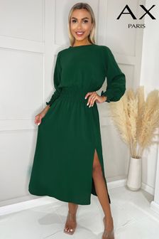 Zielona sukienka midi AX Paris z długim rękawem i ozdobnym marszczeniem (177103) | 315 zł