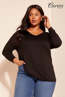 Curves Like These Black Soft Jersey V Neck Long Sleeve Tunic Top (177125) | OMR13