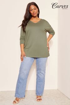 Curves Like These Khaki Green Soft Jersey V Neck Long Sleeve Tunic Top (177183) | $38