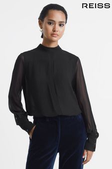 Reiss Black Riley Sheer High Neck Blouse (177506) | AED994