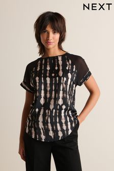 Black/White Tie Dye Print Woven Mix Short Sleeve Raglan T-Shirt (178082) | ₪ 83