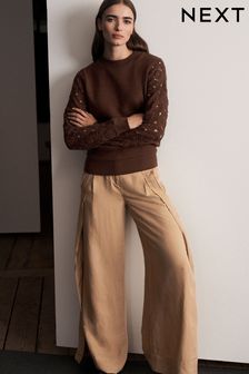 Camel Natural Linen Blend Wrap Wide Trousers (178085) | OMR18
