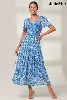 Jolie Moi Blue Bianca V-Neck Pleated Mesh Maxi Dress (179348) | 421 QAR