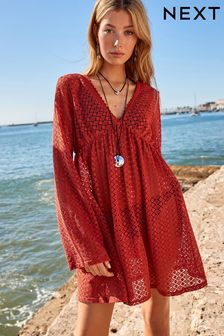 Red Crochet Lace Beach Cover-Up Kaftan (181698) | $45