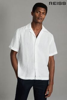 Reiss White Beldi Relaxed Linen Cuban Collar Shirt (182486) | OMR66