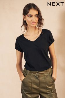 Black V-Neck Cotton Rich Cap Sleeve T-Shirt (182719) | 11 €