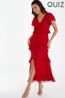 Quiz Red Chiffon V Neck Frill Split Front Midaxi Dress (182890) | 37 €