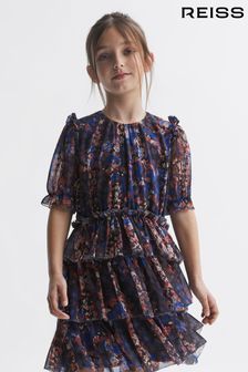 Reiss Navy Print Henrietta Junior Printed Tiered Dress (182943) | 459 SAR