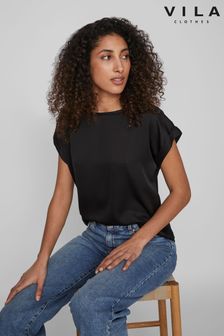 VILA Black Short Sleeve Satin and Jersey Top (182955) | AED139