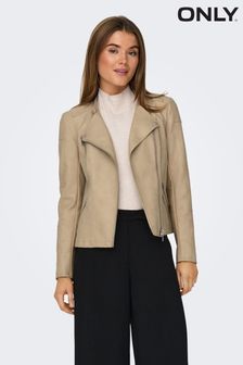 ONLY Cream Collarless Faux Leather Biker Jacket (183032) | OMR23
