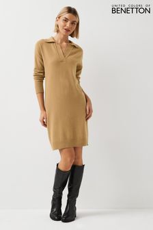 Benetton Natural V-Neck Collared Knit Dress (183080) | 495 QAR