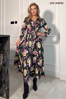 Girl In Mind Black Floral Brielle Shirt Maxi Dress (183423) | kr597