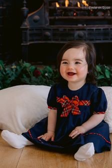 Emile Et Rose Navy Blue Woven Dress & Tartan Bow Christmas Set (183817) | $89