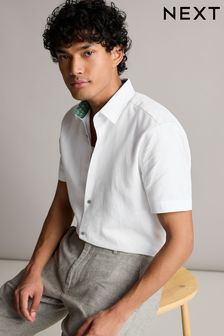 White Regular Fit Trimmed Linen Blend Short Sleeve Shirt (183913) | SGD 60