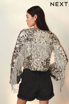 Silver Sequin Fringe Kimono Jacket (184076) | NT$2,490