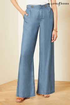 Love & Roses Blue Tencel High Waist Wide Leg Tailored Trousers (184126) | AED233
