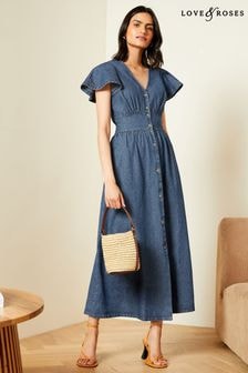 Love & Roses Blue Denim Flutter Sleeve Button Through Dress (184208) | $84