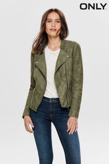 ONLY Green Collarless Faux Leather Biker Jacket (184369) | kr584