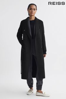 Reiss Black Arla Relaxed Wool Blend Blindseam Belted Coat (184473) | AED2,650