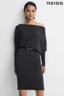 Reiss Charcoal Lara Off-The-Shoulder Ribbed Midi Dress (184545) | AED1,210