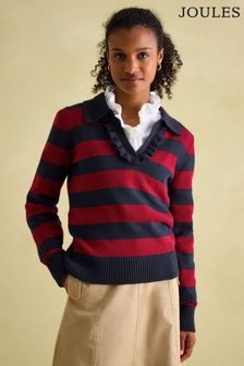 Joules Maddie Red/Navy V Neck Stripe Jumper with Collar (184955) | $111