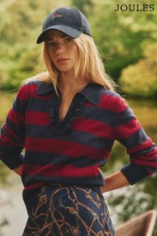 Joules Maddie Red/Navy V Neck Stripe Jumper with Collar (184955) | $111