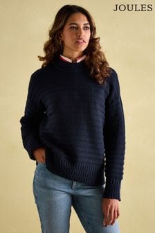 Joules Bernie Navy Blue Crew Neck Textured Jumper Contains Merino Wool (184981) | $128