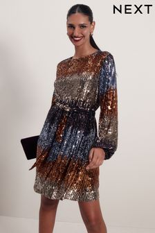 Purple Ombre Long Sleeve Belted Sequin Mini Dress (185304) | 67 €