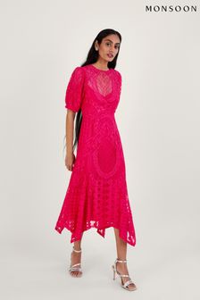 Monsoon Pink Embeth Lace Hanky Hem Dress (185589) | €98