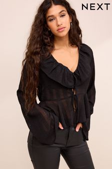 Black Tie Front Ruffle Long Sleeve Blouse (186964) | 1,009 UAH