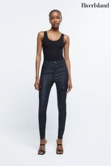 River Island Black High Rise Coated Skinny Cargo Jeans (187402) | $69