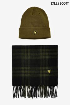 Lyle and Scott Green Check Lambswool Scarf and Hat Set (188037) | LEI 358