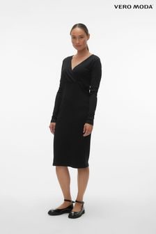 VERO MODA Black Maternity Stretch Comfort Ribbed Wrap Dress (188682) | $45