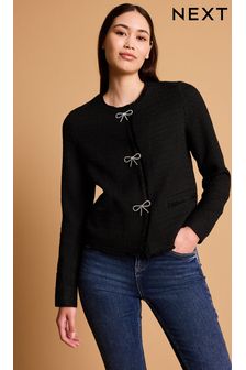 Black Boucle Collarless Bow Button Jacket (189005) | SGD 98