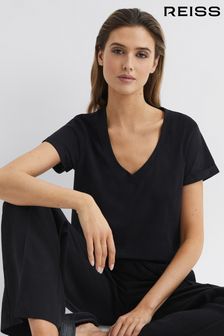 Reiss Black Luana Cotton Jersey V-Neck T-Shirt (189955) | 257 QAR