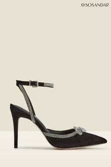 Sosandar Black Suede Diamante Bow Trim Ankle Strap Court Shoes (190711) | SGD 203