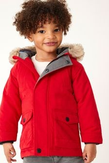 Red Shower Resistant Faux Fur Parka Coat (3mths-7yrs) (191457) | AED94 - AED108
