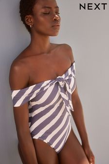 Navy/Cream Stripe - Cold Shoulder Bardot Tummy Shaping Control Swimsuit (191649) | kr680