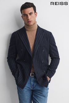Reiss Navy Patch Slim Fit Wool Double Breasted Pinstripe Blazer (194269) | $969