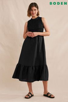 Boden Black Smocked Linen Midi Dress (194475) | €79