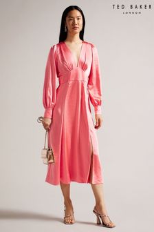 Розовое платье миди с коралловой талией и пышными рукавами Ted Baker Daniia (194869) | €157