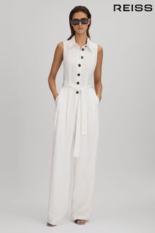 Reiss White Perla Petite Belted Wide Leg Jumpsuit (194926) | AED1,426