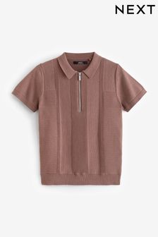 Berry Red Short Sleeve Zip Texture Polo Shirt (3-16yrs) (195005) | NT$580 - NT$800