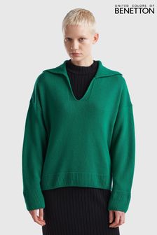 Benetton Oversized Green Wool Blend Collar Jumper