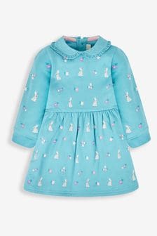 JoJo Maman Bébé Duck Egg Blue Bunny Girls' Embroidered Sweat Dress With Collar (196077) | 116 QAR