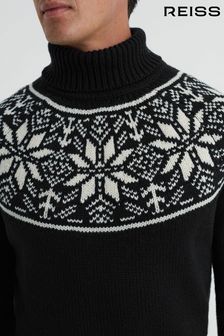 Reiss Black Abbotsford Knitted Fair Isle Roll Neck Jumper (196704) | OMR119