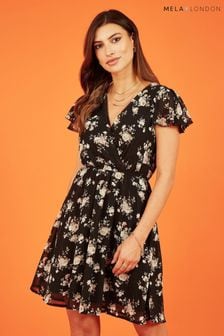 Mela Black Mela Floral Print Wrap Over Skater Black Dress (198065) | 198 QAR