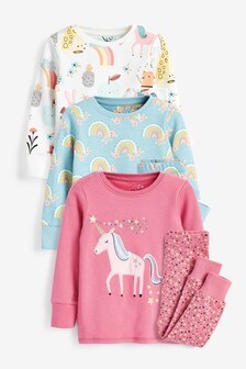 Pink/Blue 3 Pack Cotton Snuggle Pyjamas With Appliqué Unicorn (9mths-8yrs) (198224) | kr333 - kr413