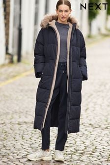 Navy Blue Borg Lined Longline Hooded Padded Coat (198287) | AED192